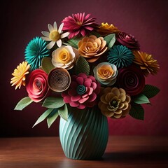 Obraz premium Colorful paper flowers in a blue vase against a pink background