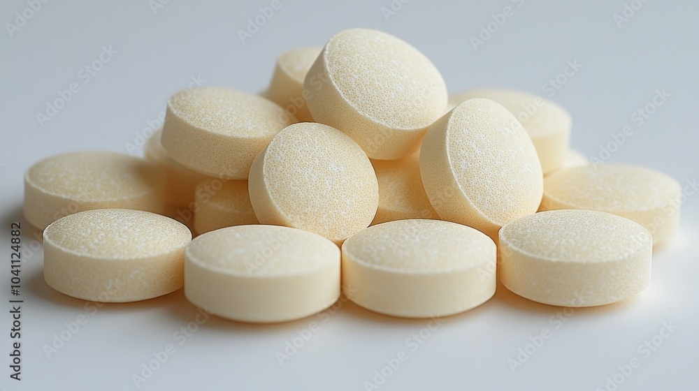 Poster white round tablets stacked on a clean surface, highlighting their smooth texture and uniform size i