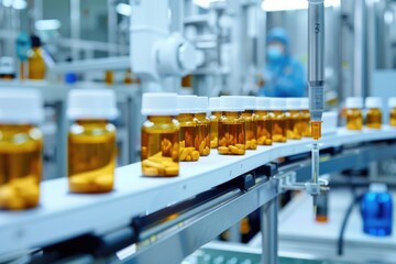 Row of bottles filled with pills on a conveyor belt, ideal for healthcare or pharmaceutical industry illustrations