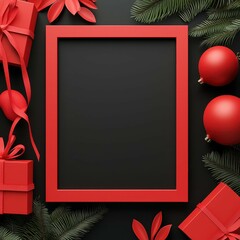 A festive red frame is surrounded by holiday decorations, including gifts, ornaments, and greenery, creating a cheerful seasonal atmosphere.