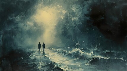 Obraz premium Two Figures Walking Towards Light in Stormy Sea