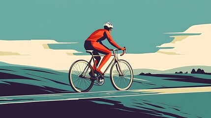 Fototapeta premium Flat-style bicyclist on a peaceful countryside path, rolling green hills, clear blue sky, simple geometric shapes, bright and vibrant colors, minimalist design, calm and serene atmosphere, hd quality.