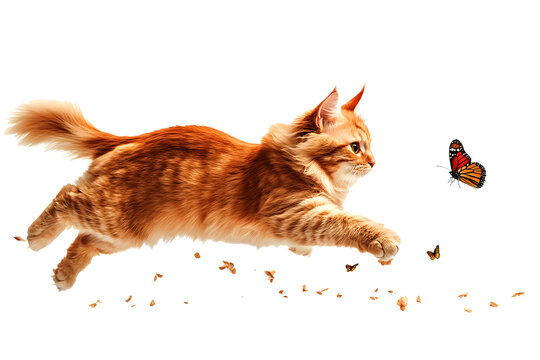 ginger cat chasing a butterfly, leaping through the air with precision, its tail swishing behind as it pounces cat with transparent background