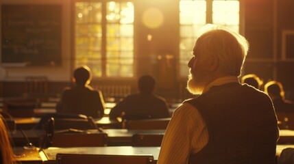 A teacher sits at his desk in a classroom, sporting a long beard