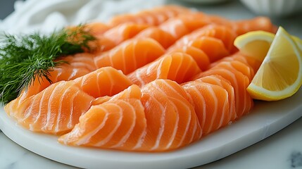 Thinly sliced salmon on marble tray Delicate slices of salmon arranged in a fan shape on a sleek white marble tray, garnished with fresh dill and lemon wedges, glowing under soft lighting.
