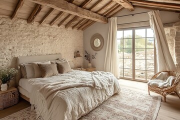 Rustic boho-style decor in a contemporary farmhouse bedroom.