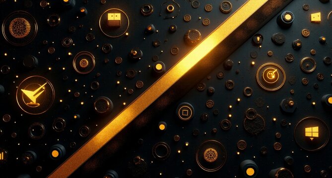 Unity in black and gold with diagonal shapes, TV screens, and fact-check icons, representing truth in media. Texture overlays and spatial hierarchy add depth to the theme of cohesive communication.