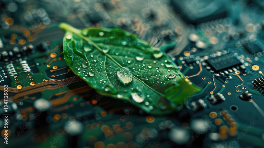Poster a small green leaf sits on top of a computer motherboard, surrounded by circuitry and electronic com