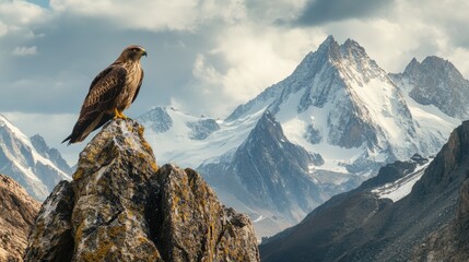 A bird is sitting on top of a rocky outcropping in the mountains, surrounded by nature