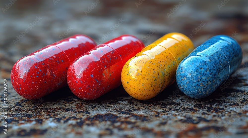 Poster brightly colored capsules arranged in a row on a textured surface with varying patterns and colors d