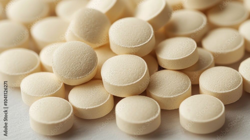 Poster close-up view of multiple beige tablets scattered on a plain surface, showcasing their round shapes 