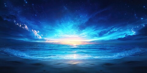Fototapeta premium Coastal view of a tranquil beach by a vibrant sea, Serene beach landscape with colorful ocean waters