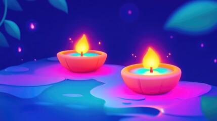 Vibrant background featuring illuminated clay diya lamps on a textured blue surface perfect for festive and cultural themes