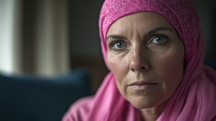 A older woman with cancer, wearing a pink scarf, looks directly into the camera Breast Cancer support