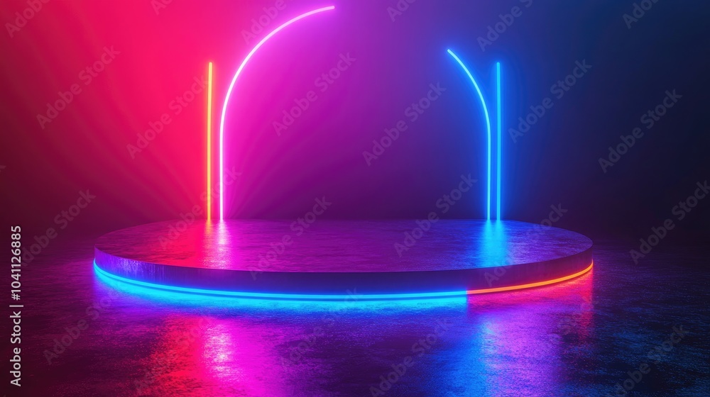 Poster empty stage with a podium and space for a product vibrant neon lights create atmosphere 3d rendering