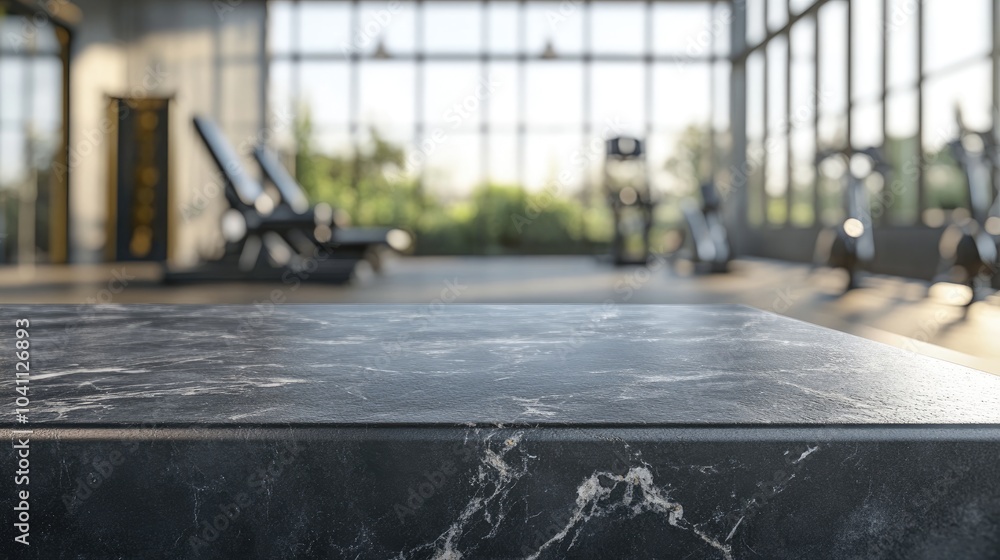 Poster 3d rendering of an empty black marble stone table top on a blurred exercise and fitness interior bac