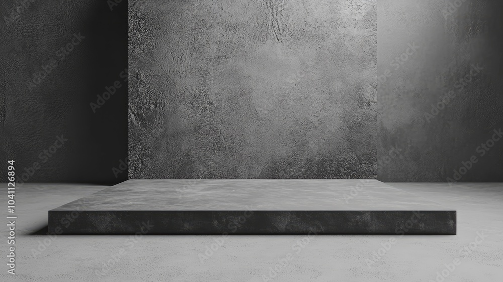 Poster 3d studio setup featuring a gray platform against a gray backdrop designed to emphasize empty space 