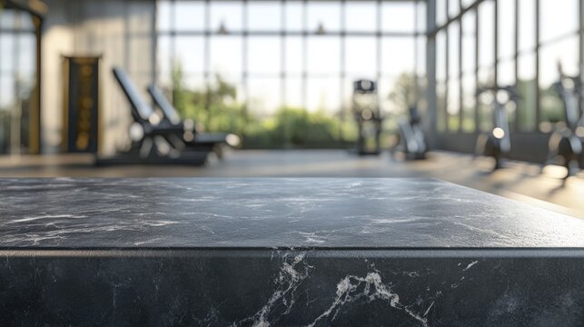 3D rendering of an empty black marble stone table top on a blurred exercise and fitness interior background ideal for product display or montage