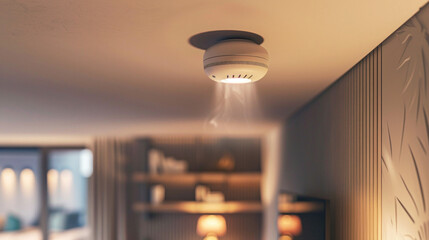 Smart smoke detector mounted on a ceiling in a minimalist apartment or hotel room