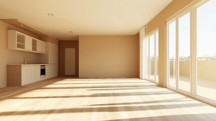 3D rendering of a modern apartment interior featuring an empty living room with beige walls and a kitchen