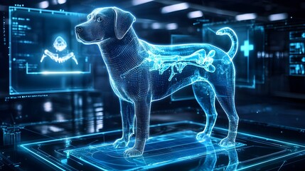 Futuristic animal hospital setting showcasing a holographic display of a dog s skeletal repair procedure during a mid surgery Advanced medical technology and high tech equipment are featured