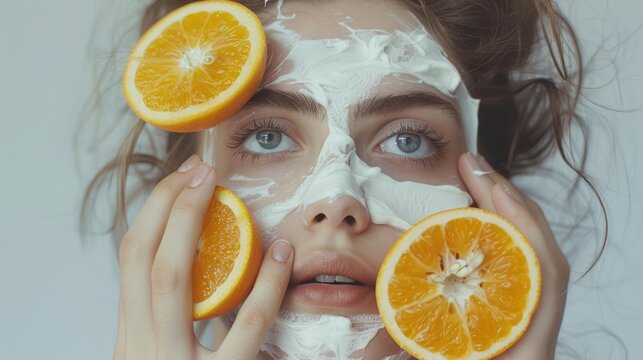 A person wearing a facial mask holds orange slices in front of their face, possibly for skincare or relaxation purposes