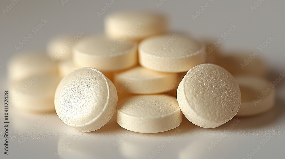 Poster close-up of white round tablets stacked in a small pile on a smooth surface highlighting their textu