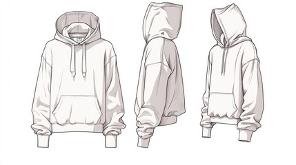 Raglan Sleeve Hoodie technical fashion illustration featuring an oversize sweatshirt and anorak design Flat technical drawing includes zip up and pocket details front and back views suitable for bo
