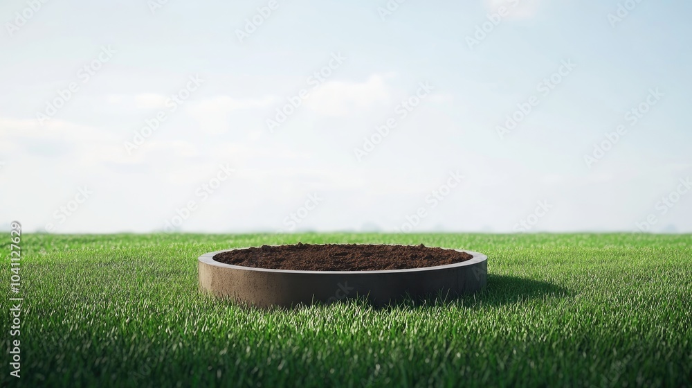 Poster Fantasy 3D rendering of a circular podium on a grassy field showcasing a round soil cross section mockup in an empty white space