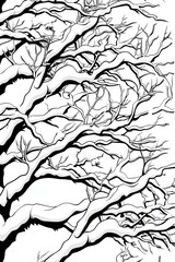 Coloring book illustration of snow covered tree branches