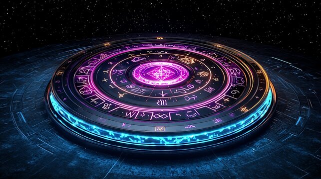 Vibrant astrological wheel with glowing symbols set against a cosmic background, ideal for astrology and mysticism themes.
