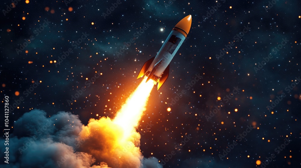 Aufkleber rocket takes off into space with a light blast in a starry sky depicted in a 3d cartoon rendering sp