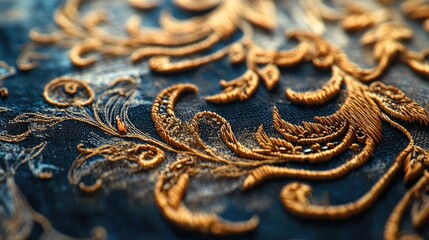 Obraz premium A close-up view of intricately embroidered fabric with golden threads, ideal for showcasing luxurious textiles or adding a touch of elegance to designs