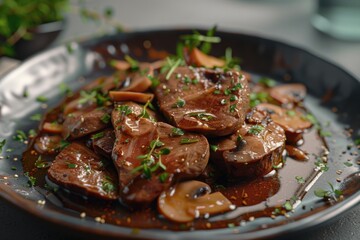 A close-up view of a plate filled with various types of mushrooms, perfect for use in food or culinary related contexts