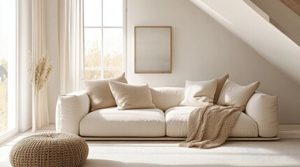 Scandinavian Home Decor Living Room Interior With Cozy Attic Space And Large Window Cream Walls Beige Sofa Adorned With Pillows And Knitted Blanket In Moulin Rug Style