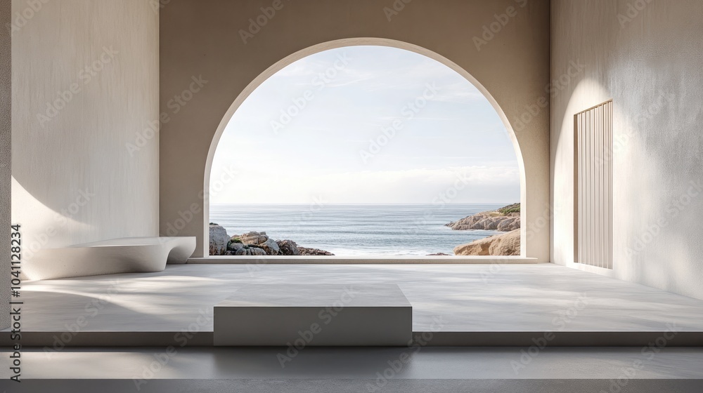 Poster contemporary minimalist interior featuring a coastal view 3d rendering clean backdrop with a display