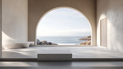 Contemporary minimalist interior featuring a coastal view 3D rendering Clean backdrop with a display podium for promotional use and presentations Elegant architectural design of the interior space