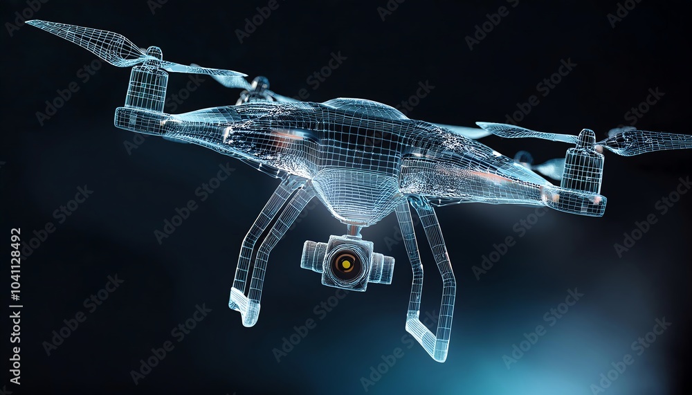 Poster a futuristic drone design illustrated with a digital binary code effect, symbolizing advanced techno