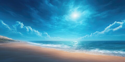 Obraz premium Scenic coastline view featuring a beach under a clear sky, Coastal landscape with a beach and clear blue skies