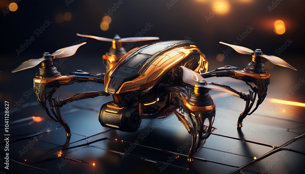 Poster a futuristic drone design resembling a mechanical insect, featuring intricate details and illuminate