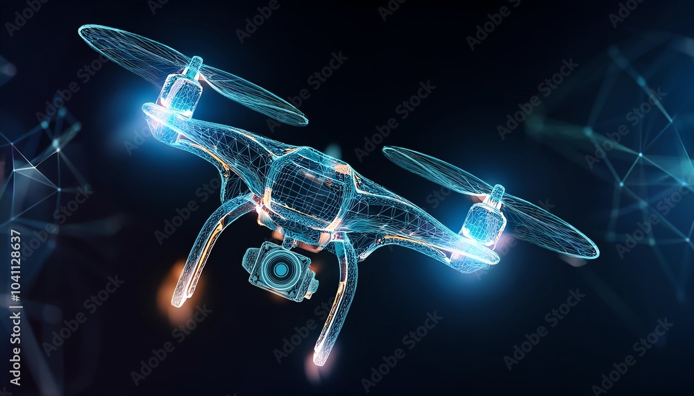 Poster a futuristic, glowing drone rendered in a digital wireframe style, hovering against a dark backgroun