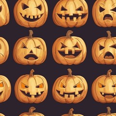seamless pattern of jack-o'-lanterns with different facial expressions as ornaments