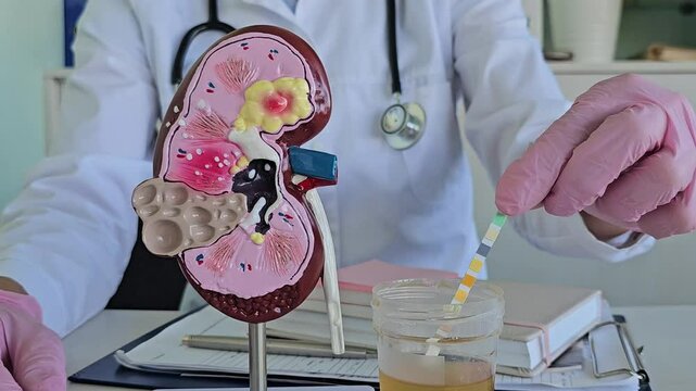 Reagent strips and urine used in urine analysis for the analysis of white blood cells, urobilinogen, bilirubin, blood, nitrite, pH, density, protein, glucose 
