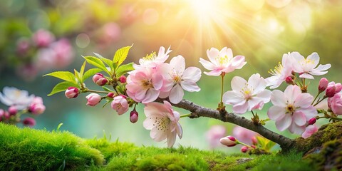 A Delicate Branch of Pink Blossoms Bathed in the Warm Glow of the Sun, Resting Gently on a Lush Bed of Green Moss