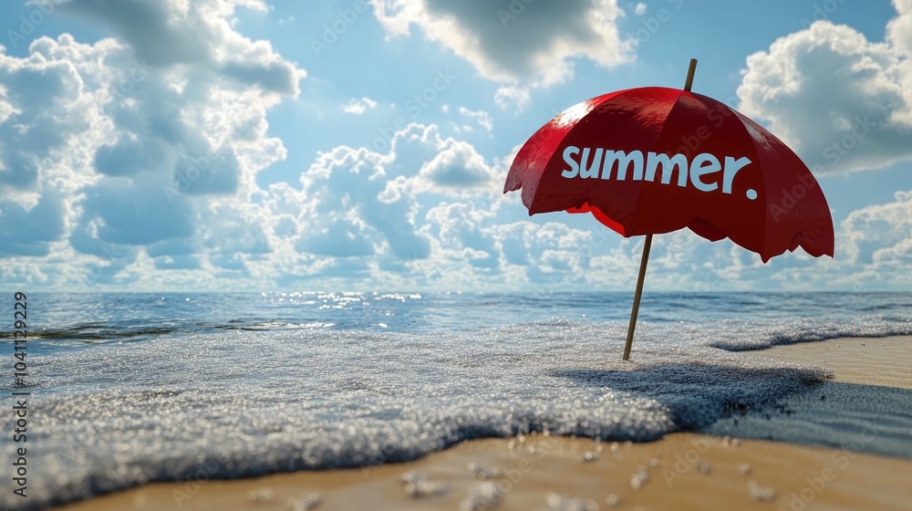Poster abstract background featuring sand and sea with clouds overhead a red and white umbrella on the beac