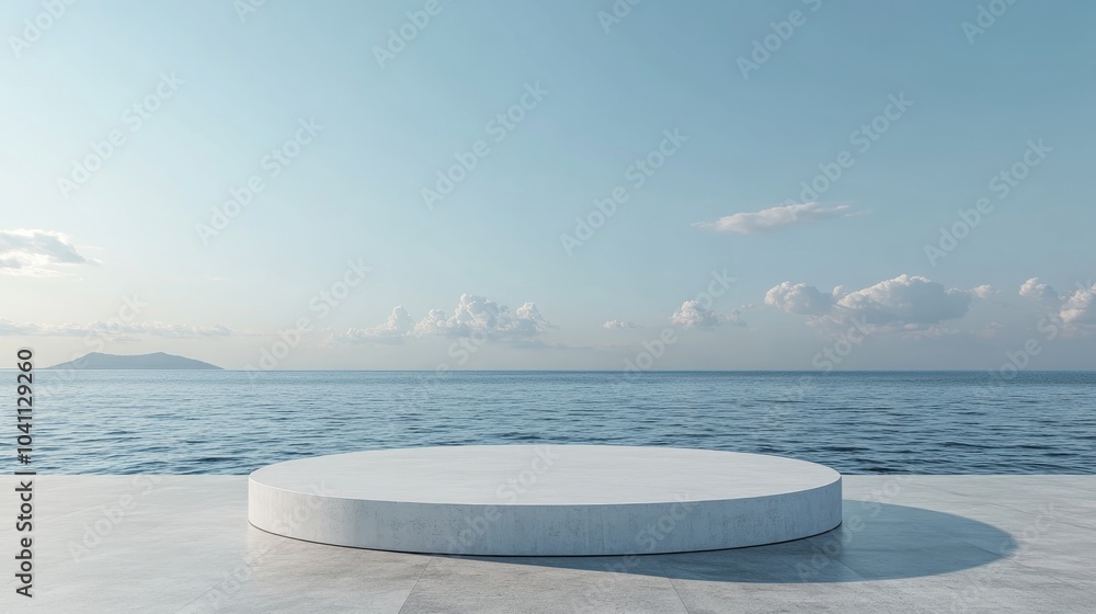 Poster empty concrete floor with a circular white podium 3d rendering of a plaza overlooking the sea with a