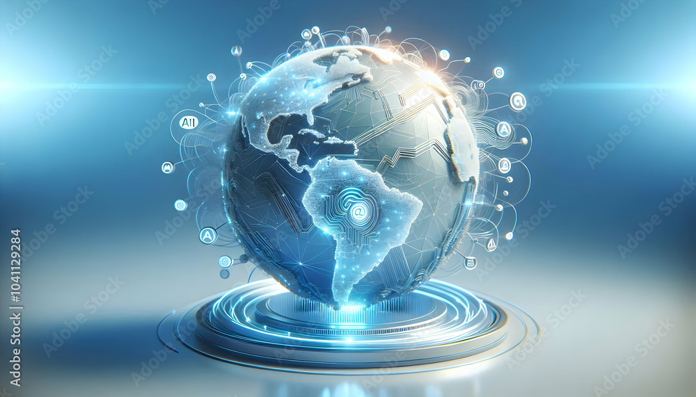 Poster 3d floating holographic globe with glowing ai networks and growth pathways - emphasizing global expe