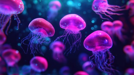 Obraz premium A captivating underwater scene featuring glowing jellyfish in vibrant colors, showcasing the beauty of marine life.