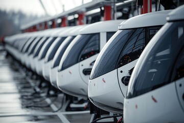 Row of white trains parked next to each other, suitable for transportation or infrastructure related content