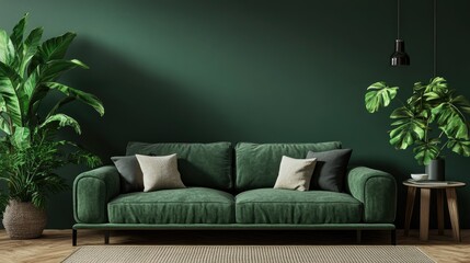 3D rendering of a stylish living room interior featuring a couch
